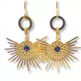 Boucles d’oreilles dorées en forme d’œil solaire avec pampilles rayonnantes et strass bleu nuit, style mystique et bohème chic.