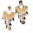 Boucles d’oreilles dorées style bohème chic, demi-lune gravée avec pampilles étoiles, perles rouges et breloques œil