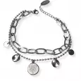 Bracelet double chaîne en acier inoxydable argenté avec pampilles et médaille gravée style soleil royal – bijou moderne et original