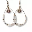 Boucles d’oreilles pendantes blanc nacré en perles et pendentif soleil doré, style bohème chic.