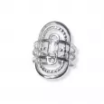 Vue de face d’une bague argentée ovale avec pierre brillante centrale