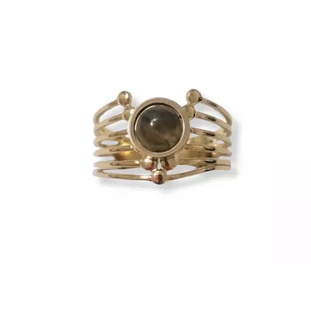 Bague dorée ajustable avec pierre ronde gris foncé – design graphique en acier inoxydable pour femme