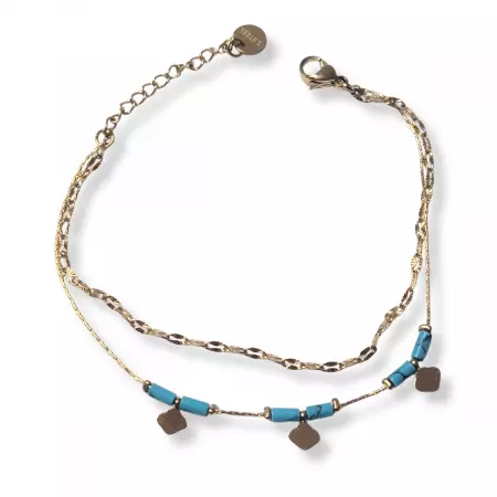 Bracelet double chaîne dorée femme en acier inoxydable, perles turquoises et pampilles – style bohème chic