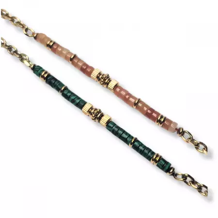 Bracelets perles heishi pour femme, finition dorée – coloris vert malachite et rose pêche, style bohème chic