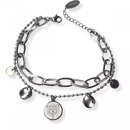 Bracelet double chaîne en acier inoxydable argenté avec pampilles et médaille gravée style soleil royal – bijou moderne et original