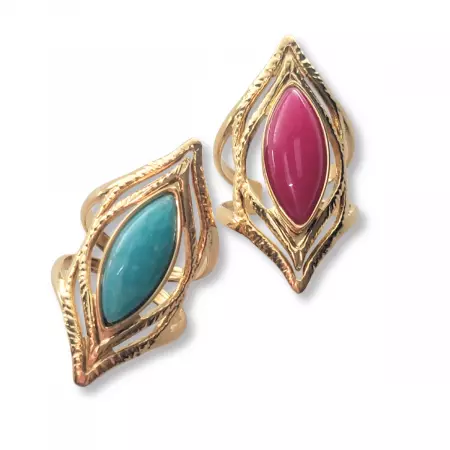 Bagues dorées ajustables avec pierre ovale turquoise et rose – style bohème ethnique chic pour femme