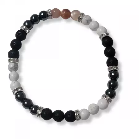 Bracelet élastique en perles noires, blanches et marron avec séparateurs strass – style mixte en pierres effet hématite, howlite et pierre de lave