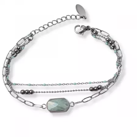 Bracelet multirangs en acier inoxydable argenté avec perles turquoise et pierre centrale facettée verte – bijou féminin fin et élégant