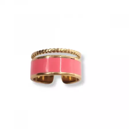 Bague dorée ajustable avec émail rose et anneau martelé – bijou fantaisie coloré pour femme en acier inoxydable