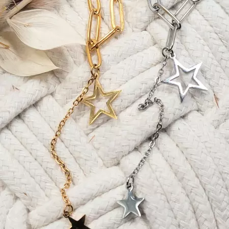 ollier étoile en acier doré et argenté avec double pendentif sur gros maillons
