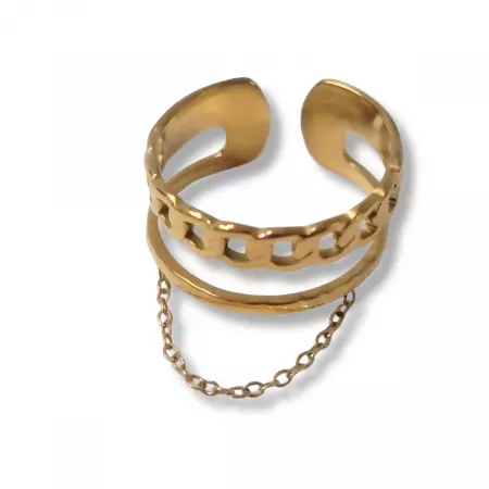 Bague dorée ajustable style chaîne avec anneau fin et chaînette pendante – bijou moderne et tendance en acier inoxydable