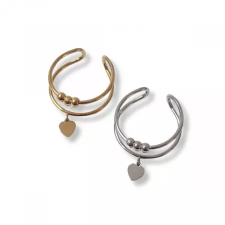 Bagues fines ajustables en acier inoxydable doré et argenté, décorées de perles et d’un petit pendentif cœur – bijou romantique et minimaliste pour femme