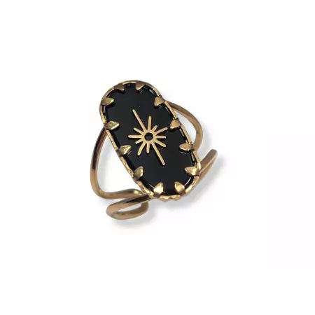 Bague dorée ajustable avec médaillon noir émaillé et étoile dorée – style bohème chic