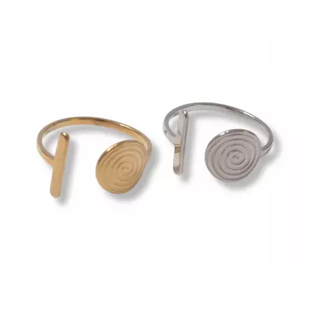 Bagues ouvertes en acier inoxydable doré et argenté, ornées d’un motif spirale moderne et d’une barre verticale – bijou graphique et minimaliste pour femme