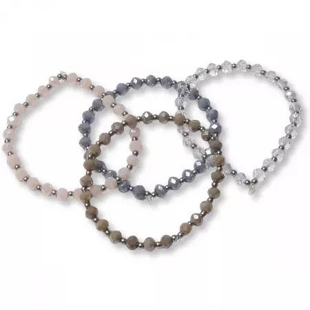 Lot de 4 bracelets élastiques femme perles facettées, effet cristal scintillant – tons rose poudré, bleu gris, kaki et transparent