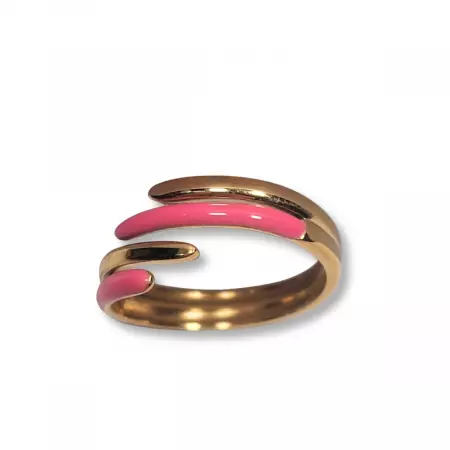 Bague dorée ajustable en acier inoxydable avec détail rose fuchsia – design moderne et féminin, bijou tendance pour femme