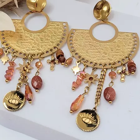 Boucles d'oreilles pendantes en acier inoxydable doré avec cristaux et chaînes, 8 cm.