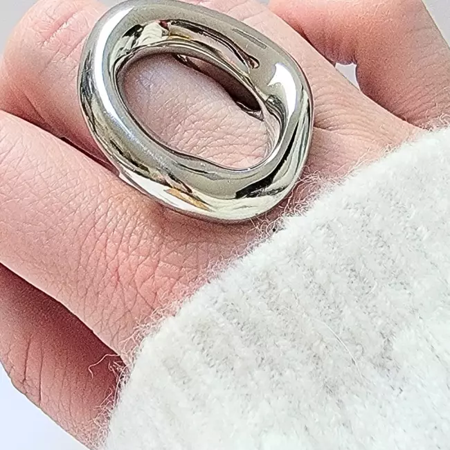 Grosse bague ellipse irrégulière en acier inoxydable argenté ou doré