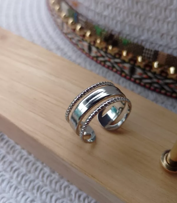 Bague ajustable trois anneaux en acier inoxydable argenté