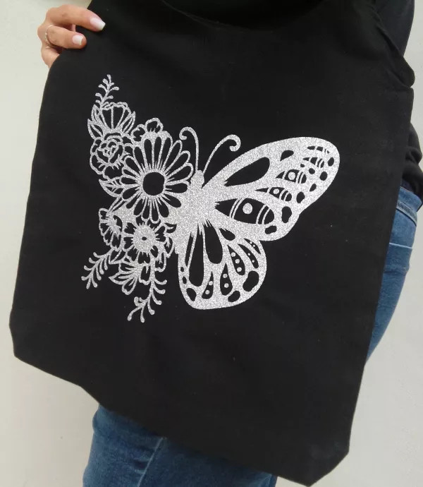 Tote bag noir papillon floral argenté pailleté