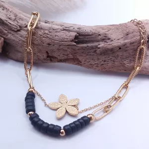 Bracelet ajustable deux rangs fleurs et perles noires en acier inoxydable