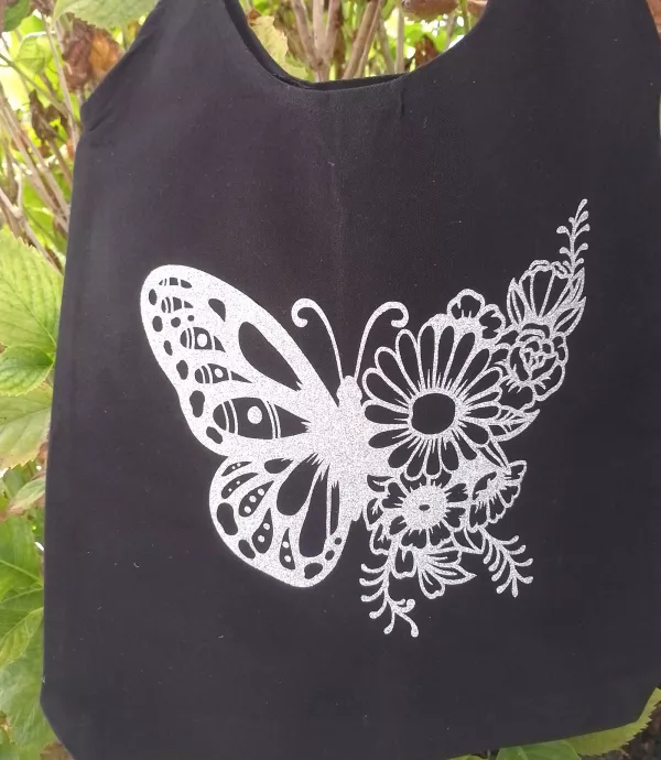 Tote bag noir papillon floral argenté pailleté