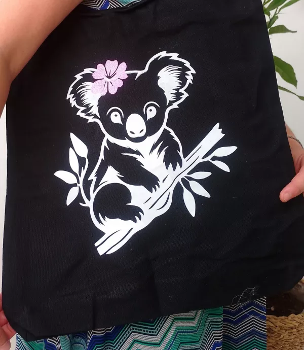 Tote bag noir koala, sac fourre tout