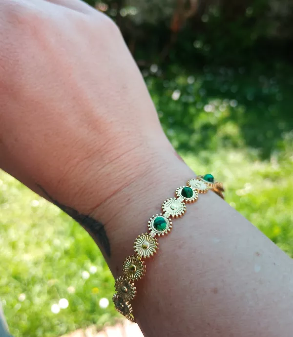 Bracelet jonc fleur doré et pierre gemme Malachite