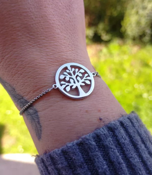 Bracelet ajustable arbre de vie en acier inoxydable argenté